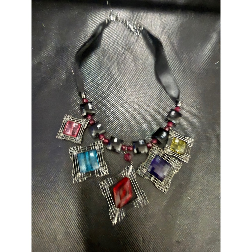 Artisan Multi Color Geometric Wire Wrapped Statement Necklace Black Ribbon Strap